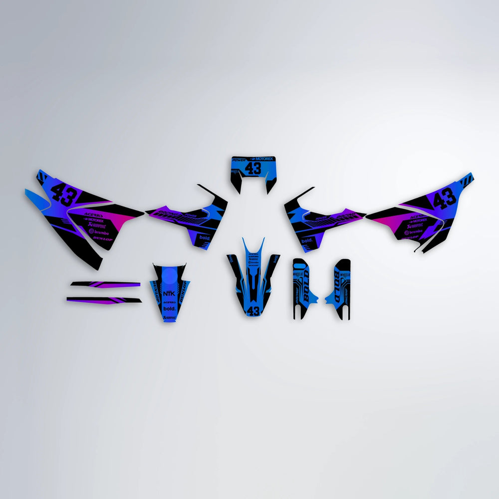 STEALTH Husqvarna 701 graphics kit parts layout in Blue Purple Fade