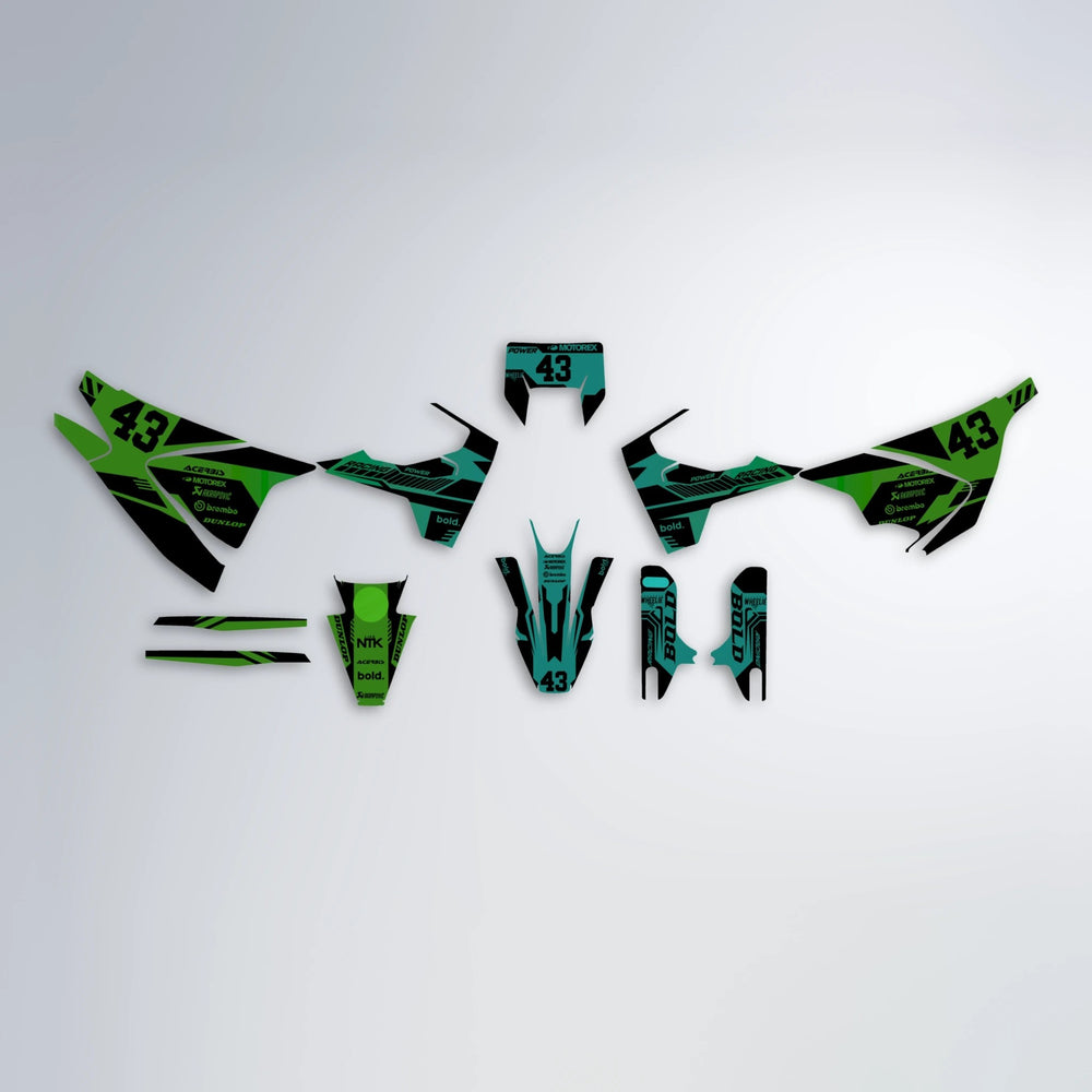 STEALTH Husqvarna 701 graphics kit parts layout in Cyan & Green