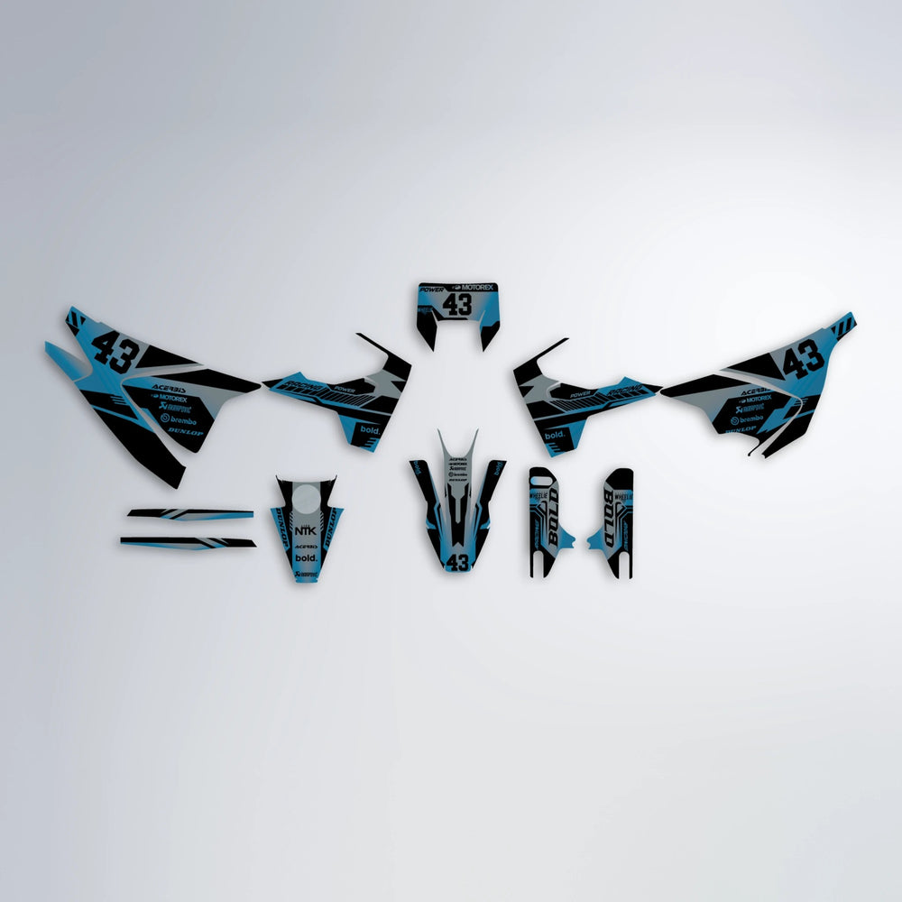 STEALTH Husqvarna 701 graphics kit parts layout in Light Blue & White