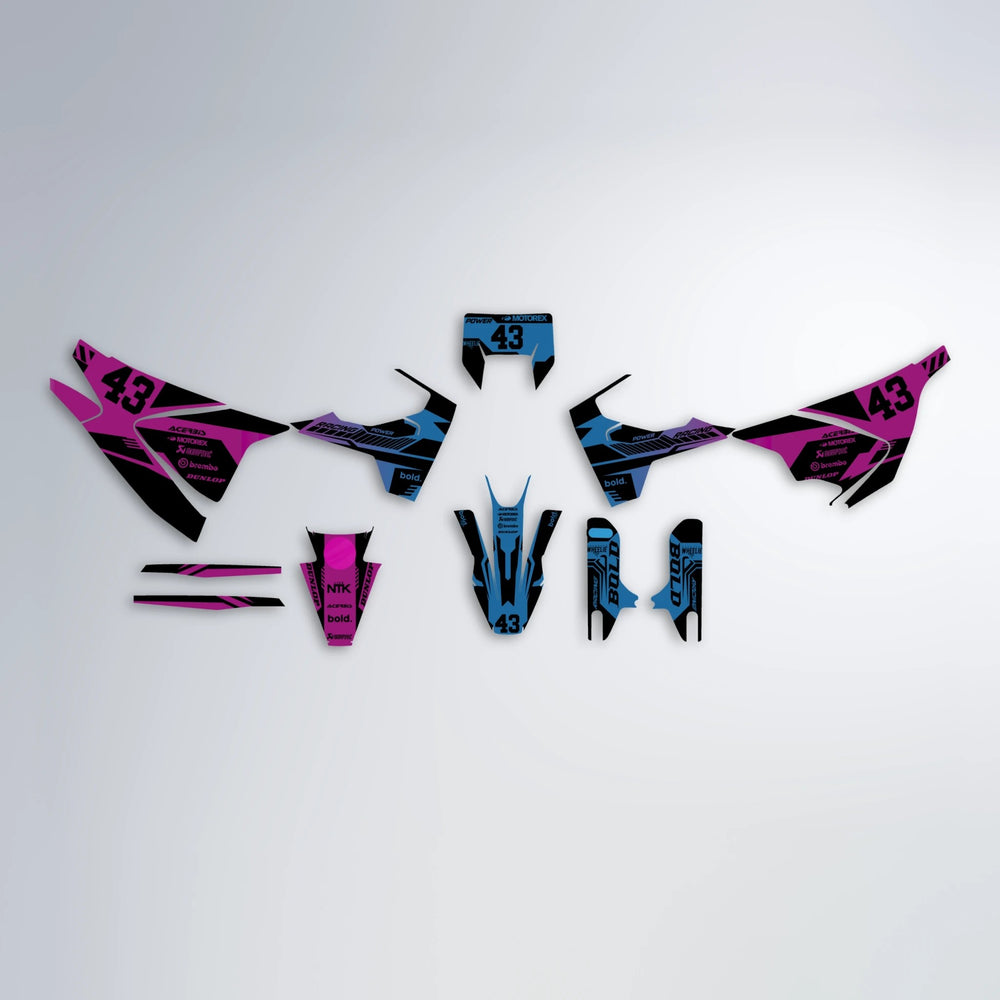 STEALTH Husqvarna 701 graphics kit parts layout in Pink & Light Blue