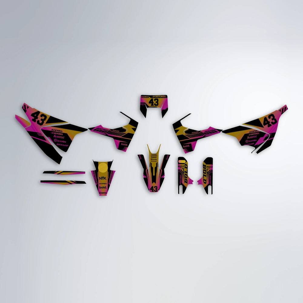 STEALTH Husqvarna 701 graphics kit parts layout in Pink & Yellow