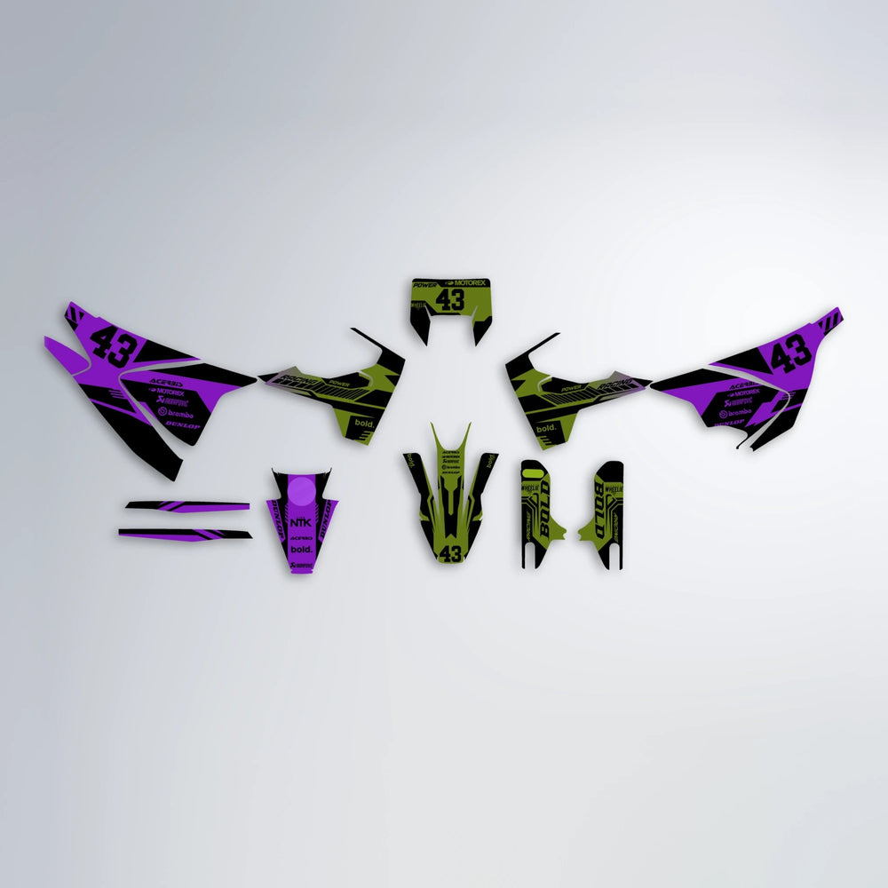 STEALTH Husqvarna 701 graphics kit parts layout in Purple & Yellow