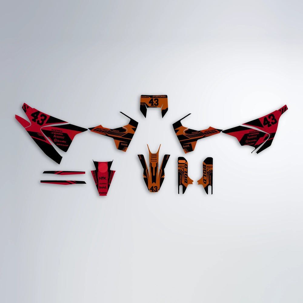 STEALTH Husqvarna 701 graphics kit parts layout in Red & Orange