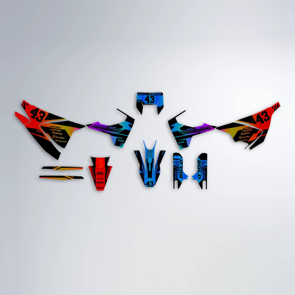 STEALTH Husqvarna 701 graphics kit parts layout in Sunset Fade