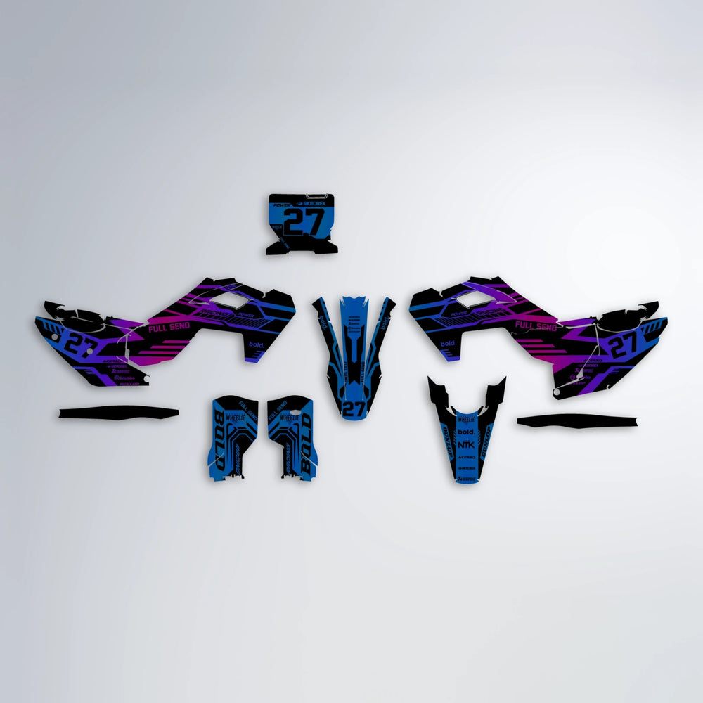STEALTH Husqvarna FE/TE graphics kit parts layout in Blue Purple Fade
