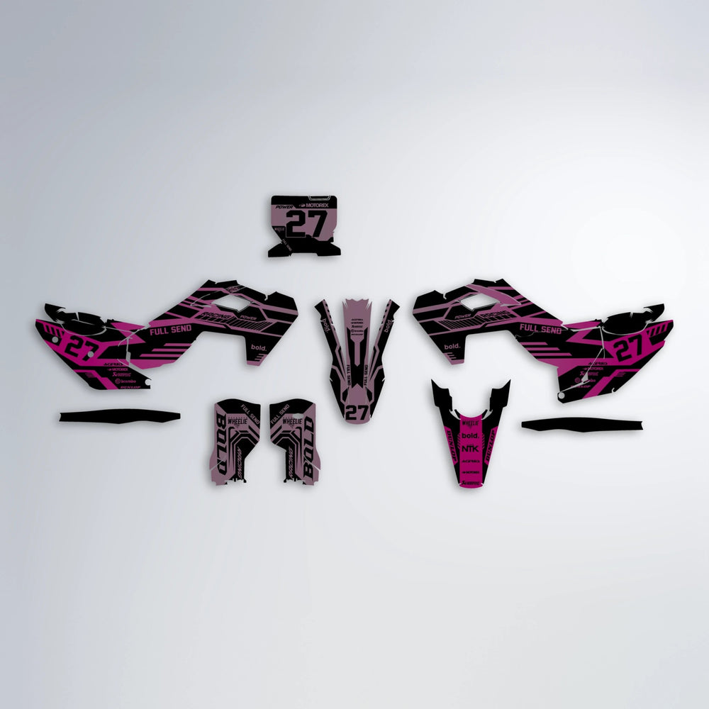 STEALTH Husqvarna FE/TE graphics kit parts layout in Flamingo