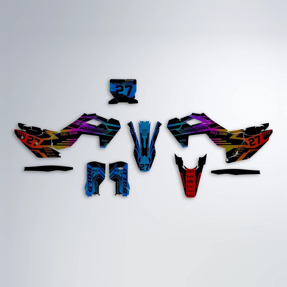 STEALTH Husqvarna FE/TE graphics kit parts layout in Sunset Fade