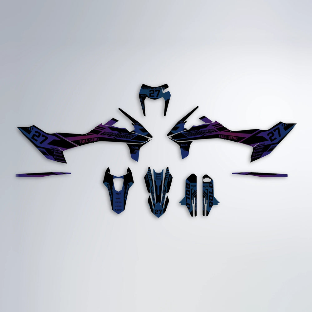 STEALTH KTM SMC 690 graphics kit parts layout in Blue Purple Fade