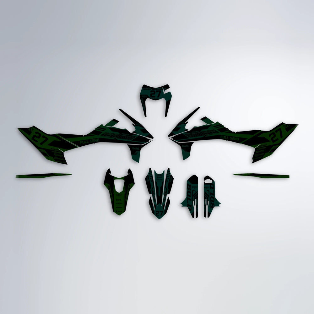 STEALTH KTM SMC 690 graphics kit parts layout in Cyan & Green