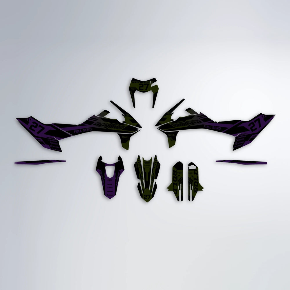 STEALTH KTM SMC 690 graphics kit parts layout in Purple & Yellow