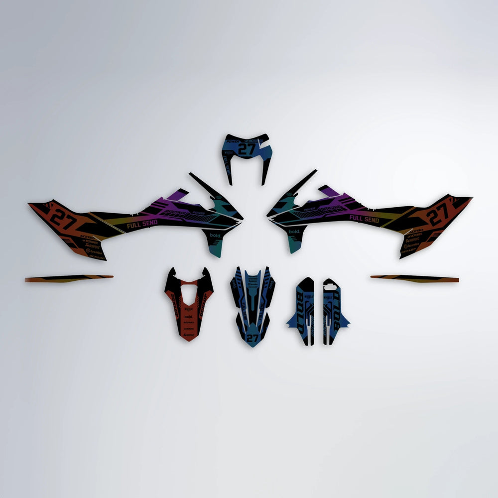 STEALTH KTM SMC 690 graphics kit parts layout in Sunset Fade