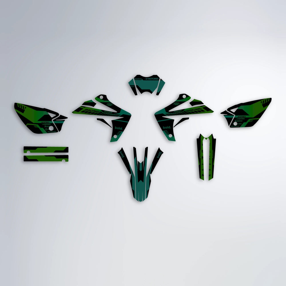 STEALTH Rieju MRT graphics kit parts layout in Cyan & Green