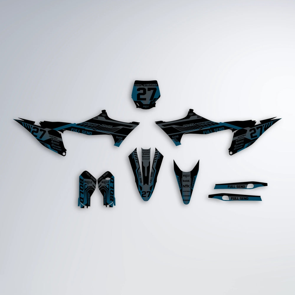 STEALTH Stark Varg MX graphics kit parts layout in Light Blue & White