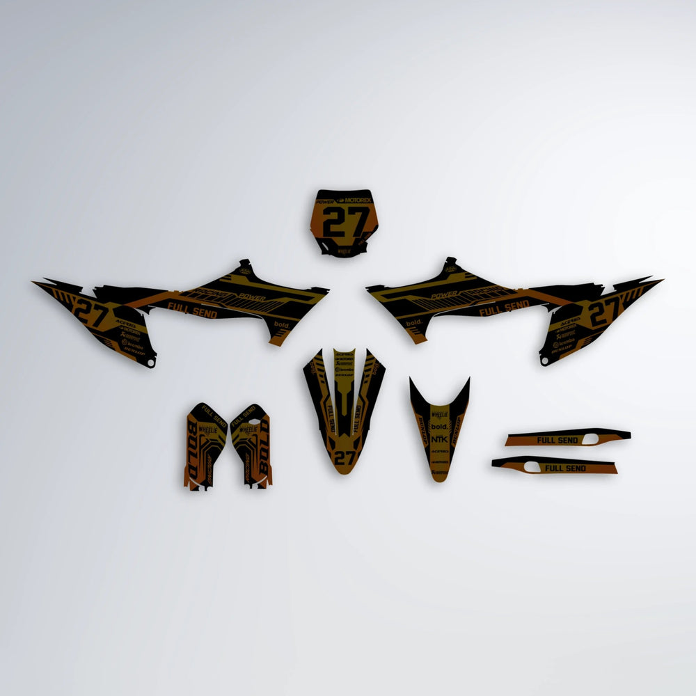 STEALTH Stark Varg SM graphics kit parts layout in Orange & Yellow