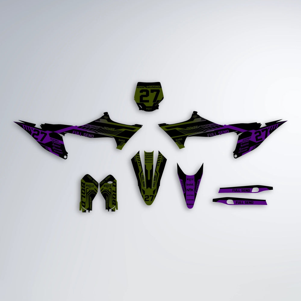 STEALTH Stark Varg SM graphics kit parts layout in Purple & Yellow