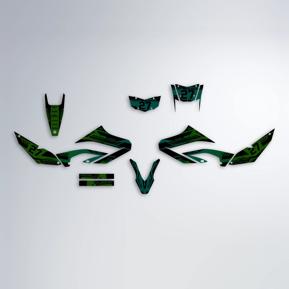 STEALTH Yamaha WR 125X graphics kit parts layout in Cyan & Green