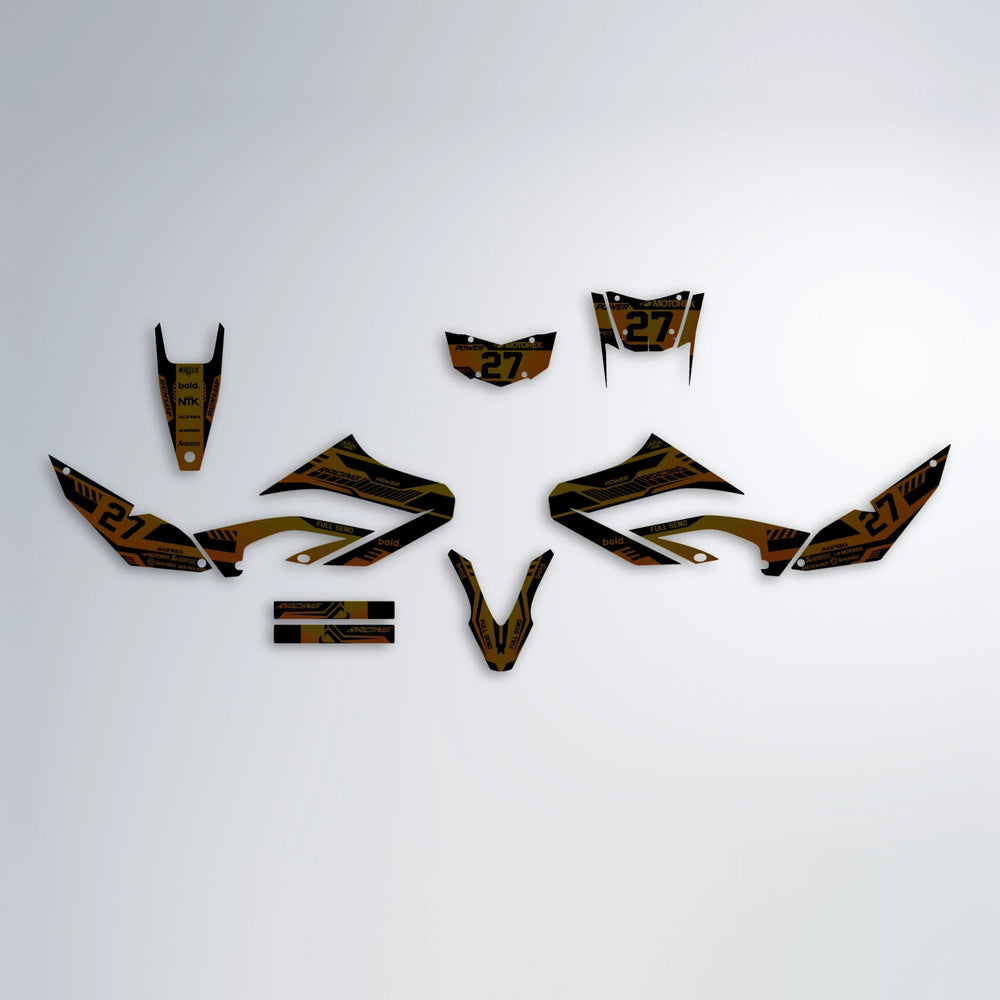 STEALTH Yamaha WR 125X graphics kit parts layout in Orange & Yellow