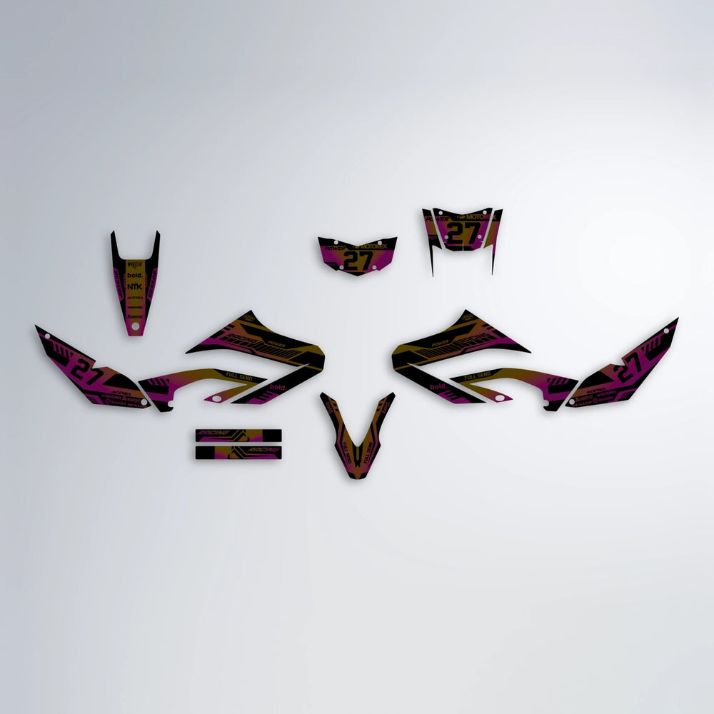 STEALTH Yamaha WR 125X graphics kit parts layout in Pink & Yellow