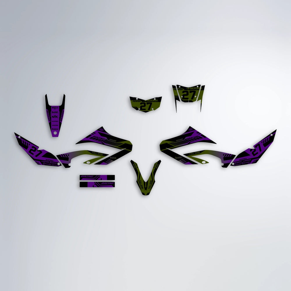 STEALTH Yamaha WR 125X graphics kit parts layout in Purple & Yellow