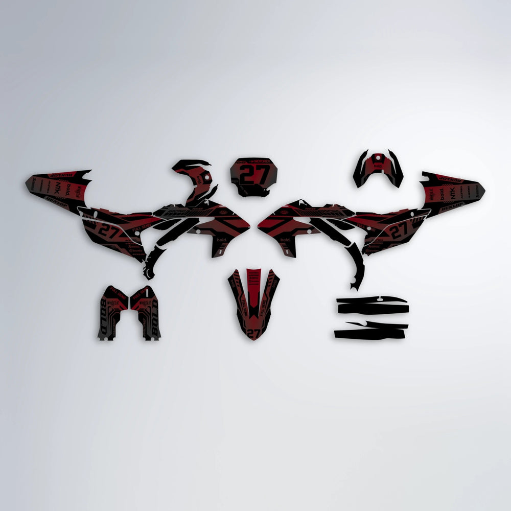 STEALTH Yamaha YZF MX graphics kit parts layout in Black & Red