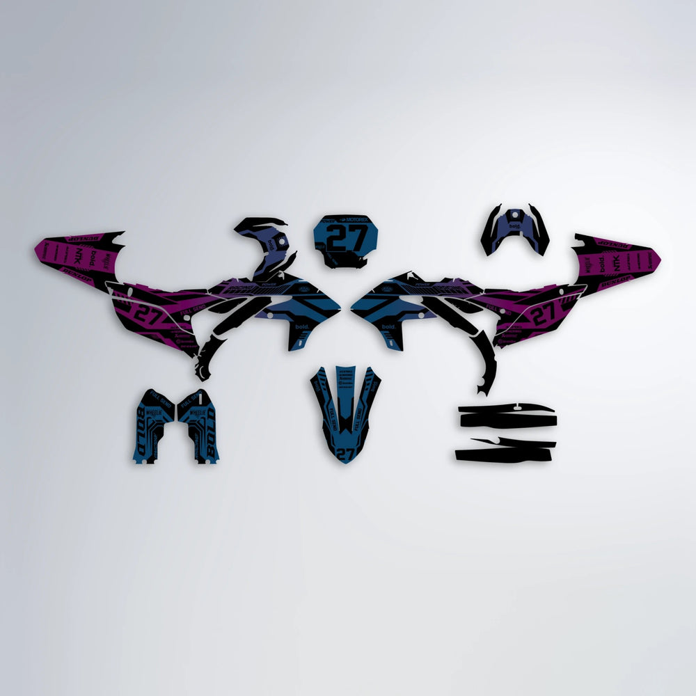 STEALTH Yamaha YZF MX graphics kit parts layout in Pink & Light Blue