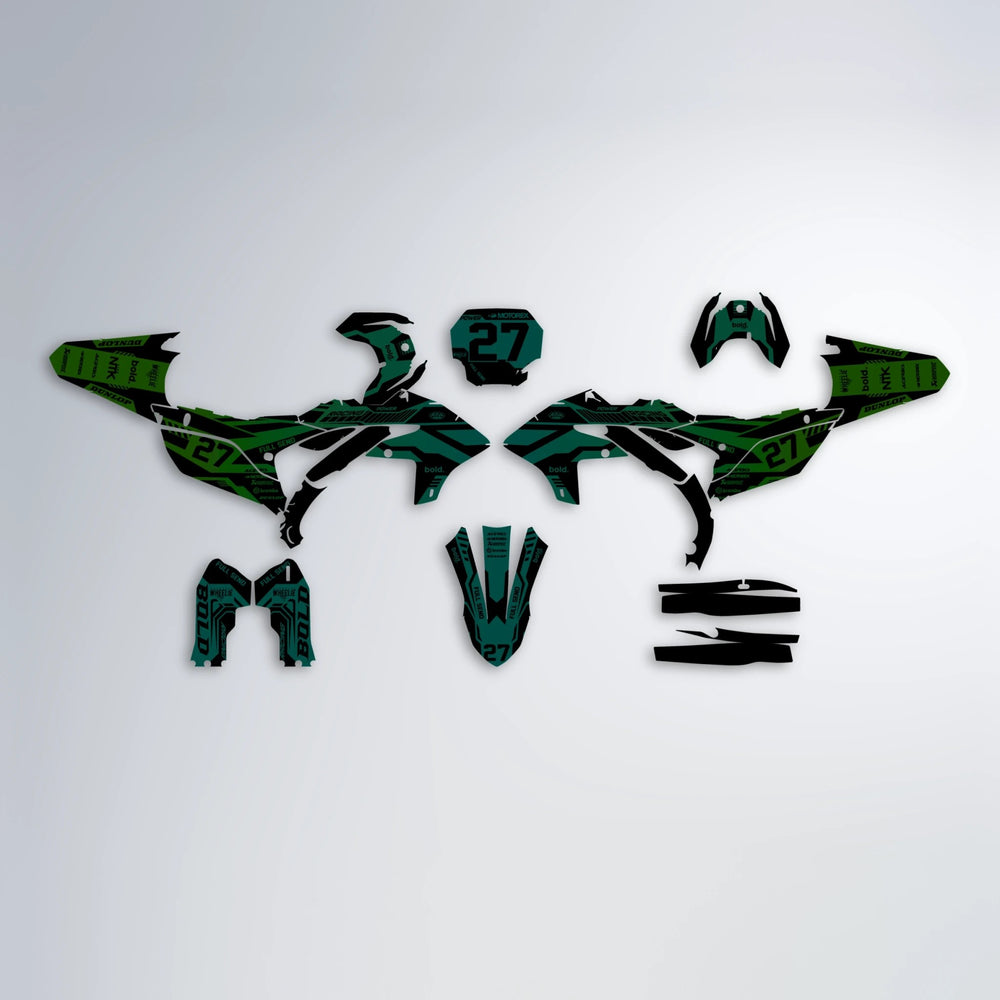 STEALTH Yamaha YZF SM graphics kit parts layout in Cyan & Green