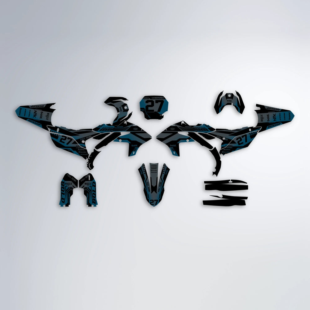 STEALTH Yamaha YZF SM graphics kit parts layout in Light Blue & White