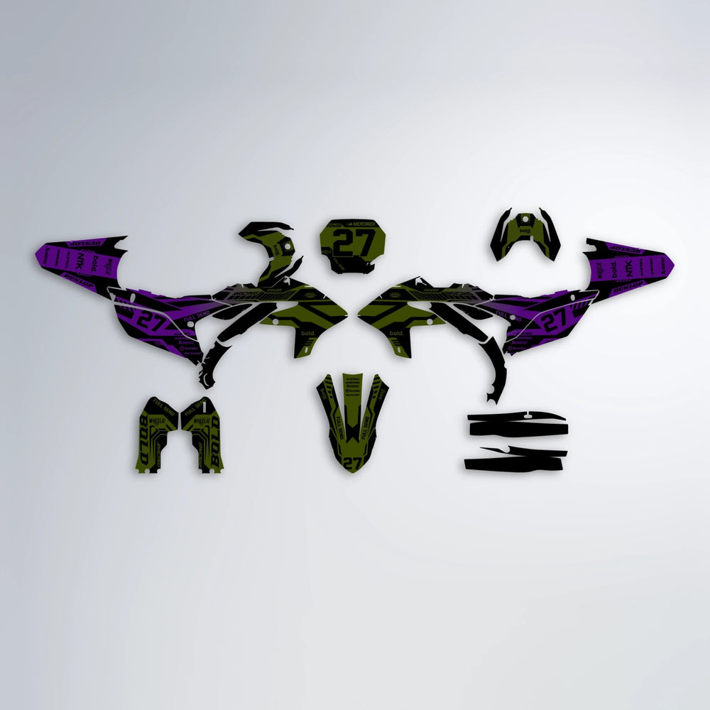 STEALTH Yamaha YZF SM graphics kit parts layout in Purple & Yellow