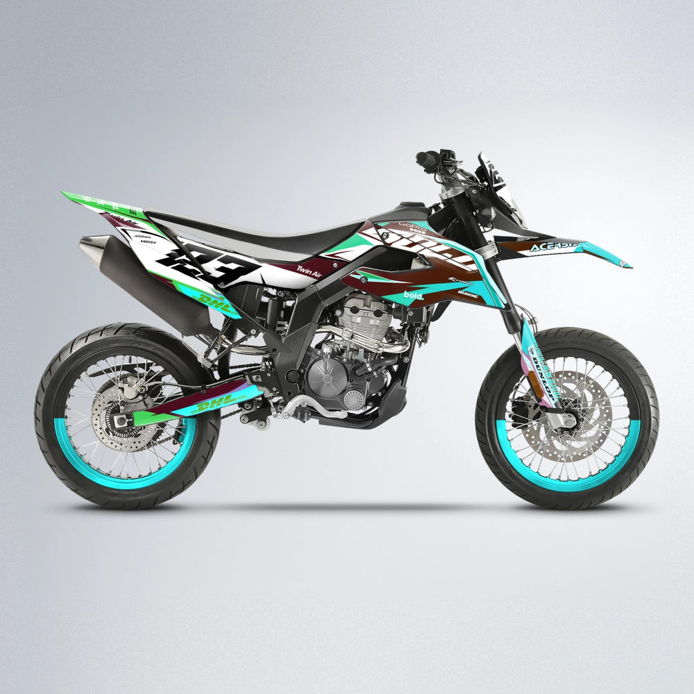 STENMARK Aprilia SX 125 supermoto graphics kit in Cyan & Green