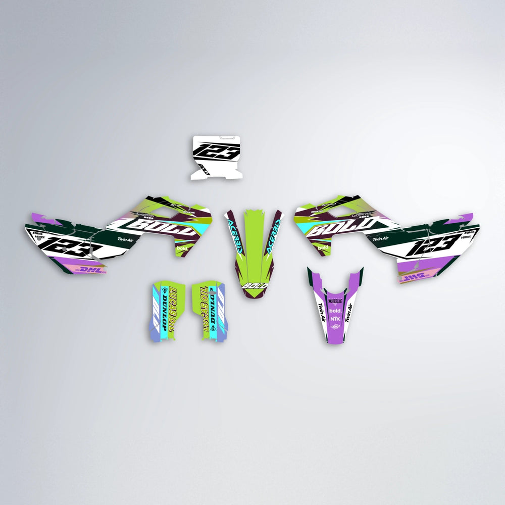 STENMARK Husqvarna FE/TE graphics kit parts layout in Purple & Yellow