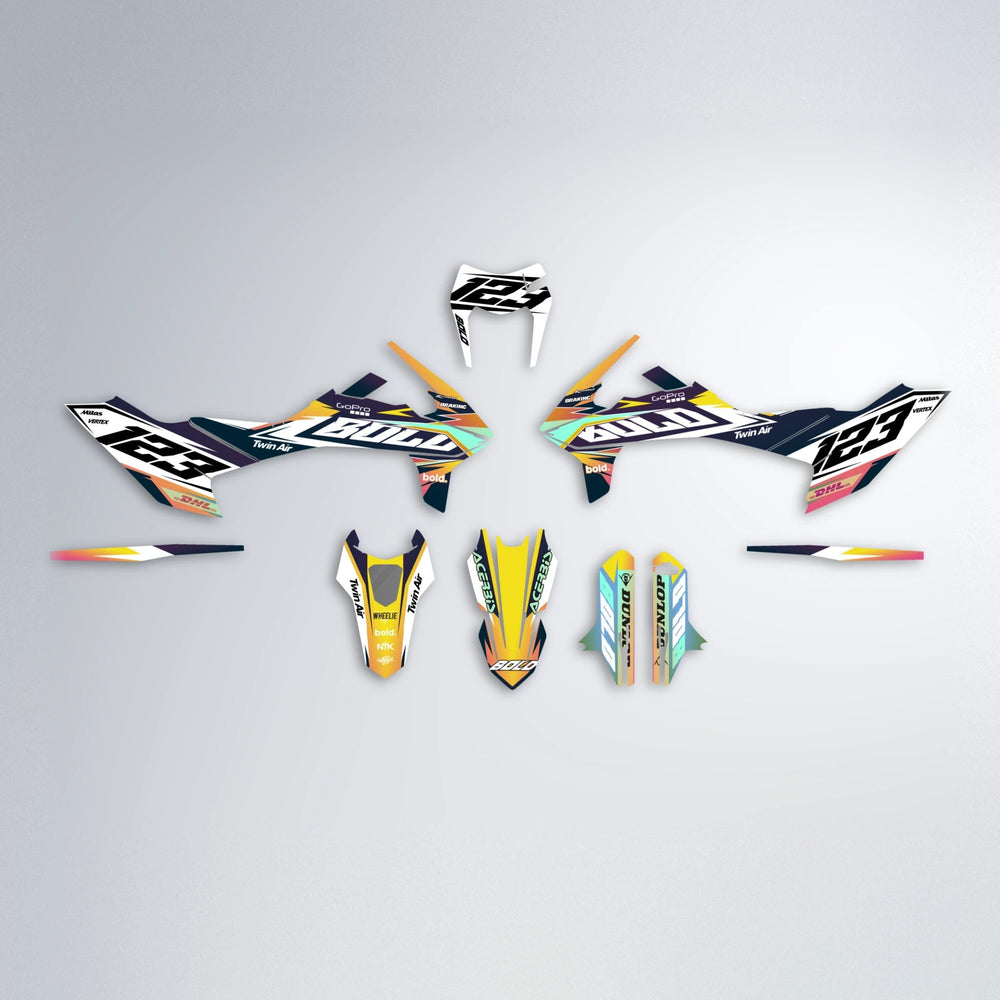 STENMARK KTM SMC 690 graphics kit parts layout in Pink & Yellow