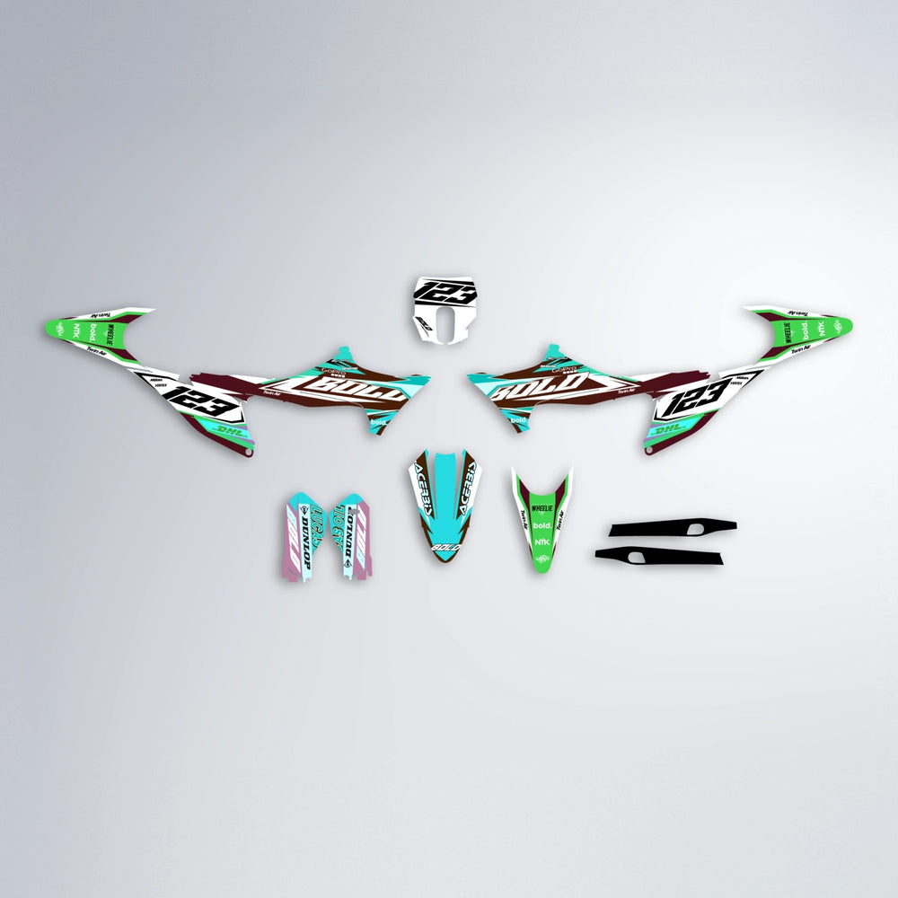 STENMARK Stark Varg MX graphics kit parts layout in Cyan & Green