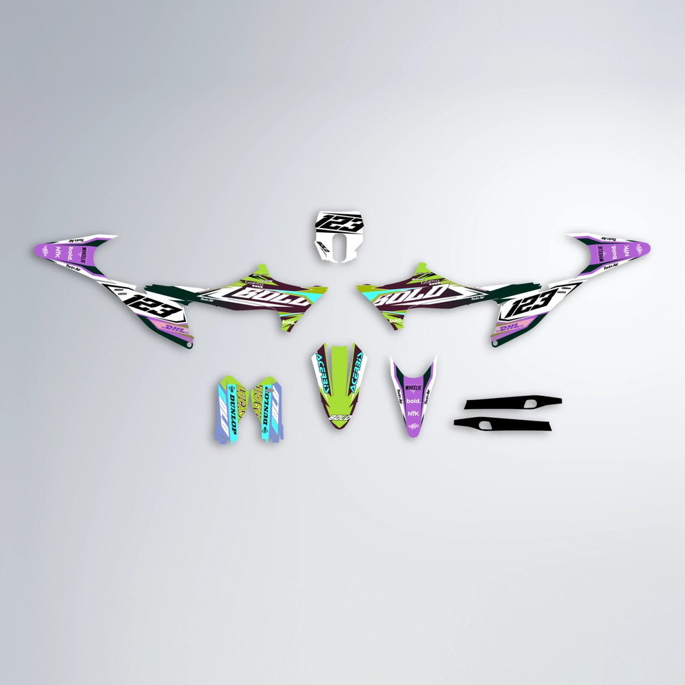 STENMARK Stark Varg MX graphics kit parts layout in Purple & Yellow