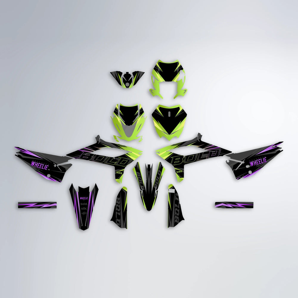 STORM Beta graphics kit parts layout in Purple & Yellow