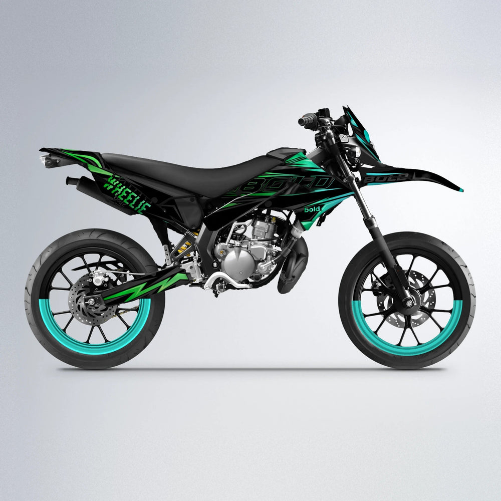 STORM Derbi Senda supermoto graphics kit in Cyan & Green