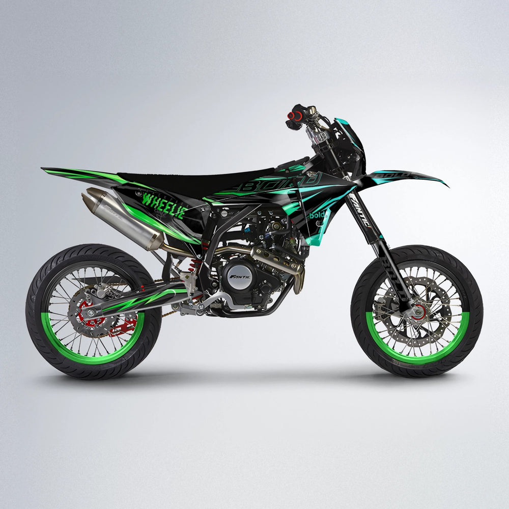 STORM Fantic supermoto graphics kit in Cyan & Green