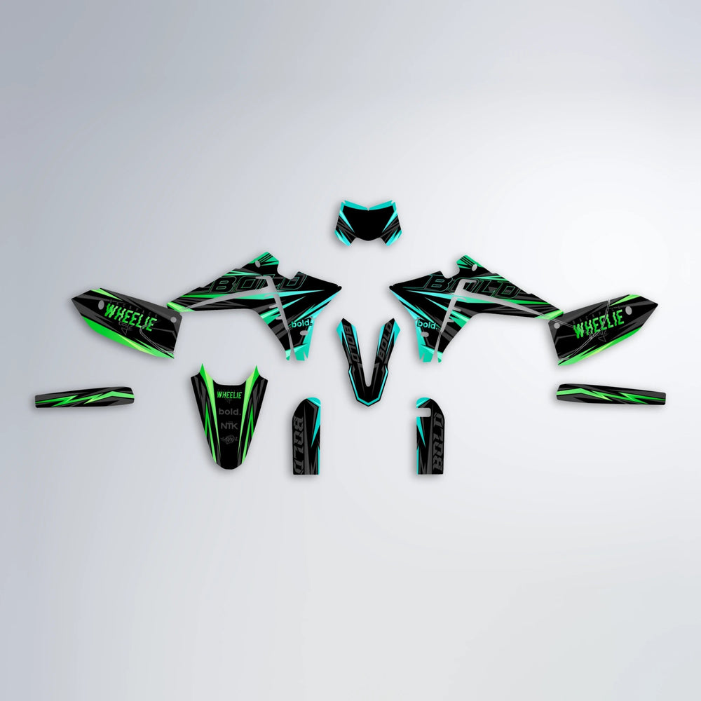 STORM Fantic graphics kit parts layout in Cyan & Green