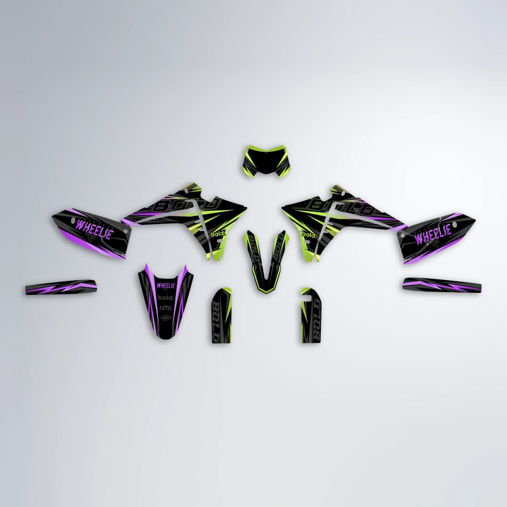 STORM Fantic graphics kit parts layout in Purple & Yellow