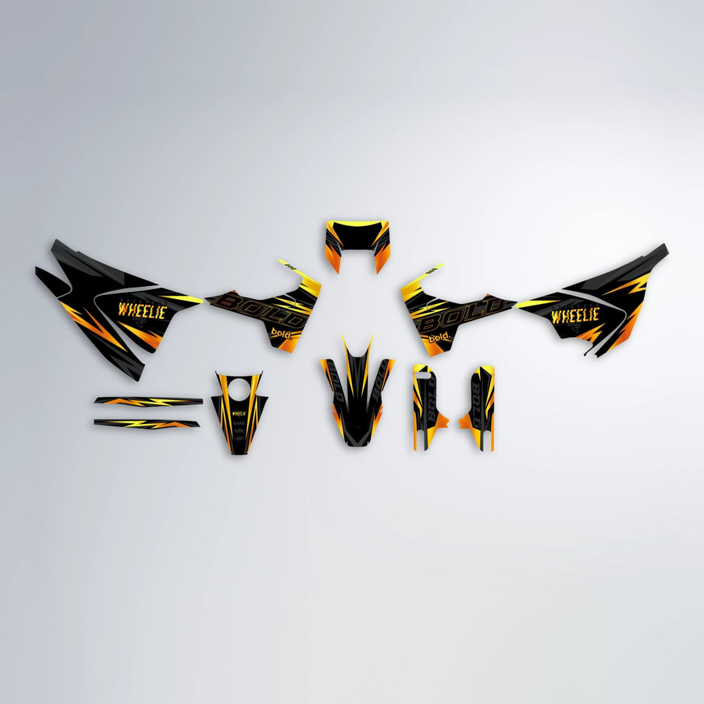 STORM Husqvarna 701 graphics kit parts layout in Orange & Yellow