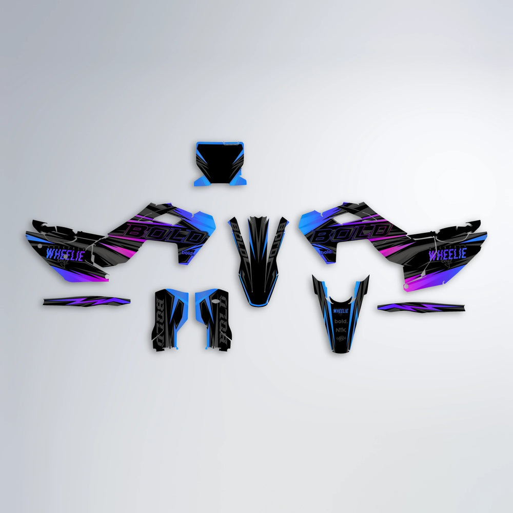 STORM Husqvarna FE/TE graphics kit parts layout in Blue Purple Fade