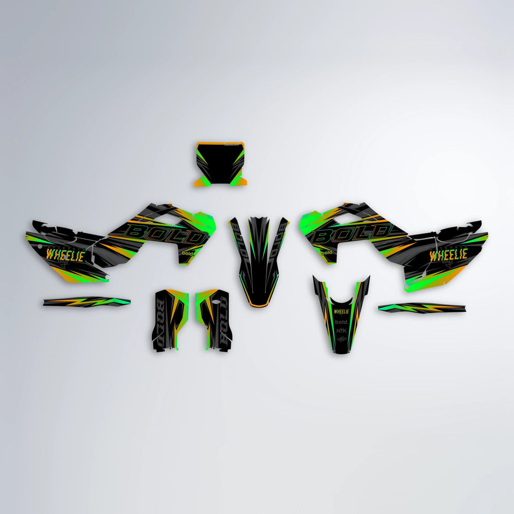 STORM Husqvarna FE/TE graphics kit parts layout in Green