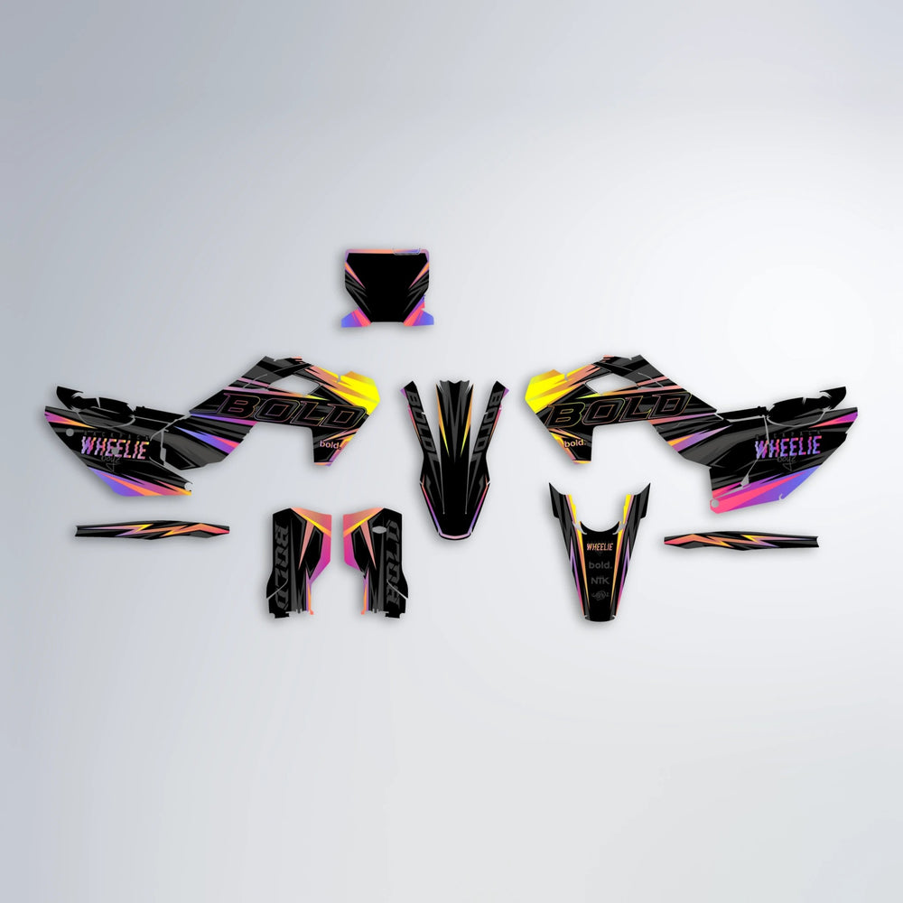 STORM Husqvarna FE/TE graphics kit parts layout in Pink & Yellow