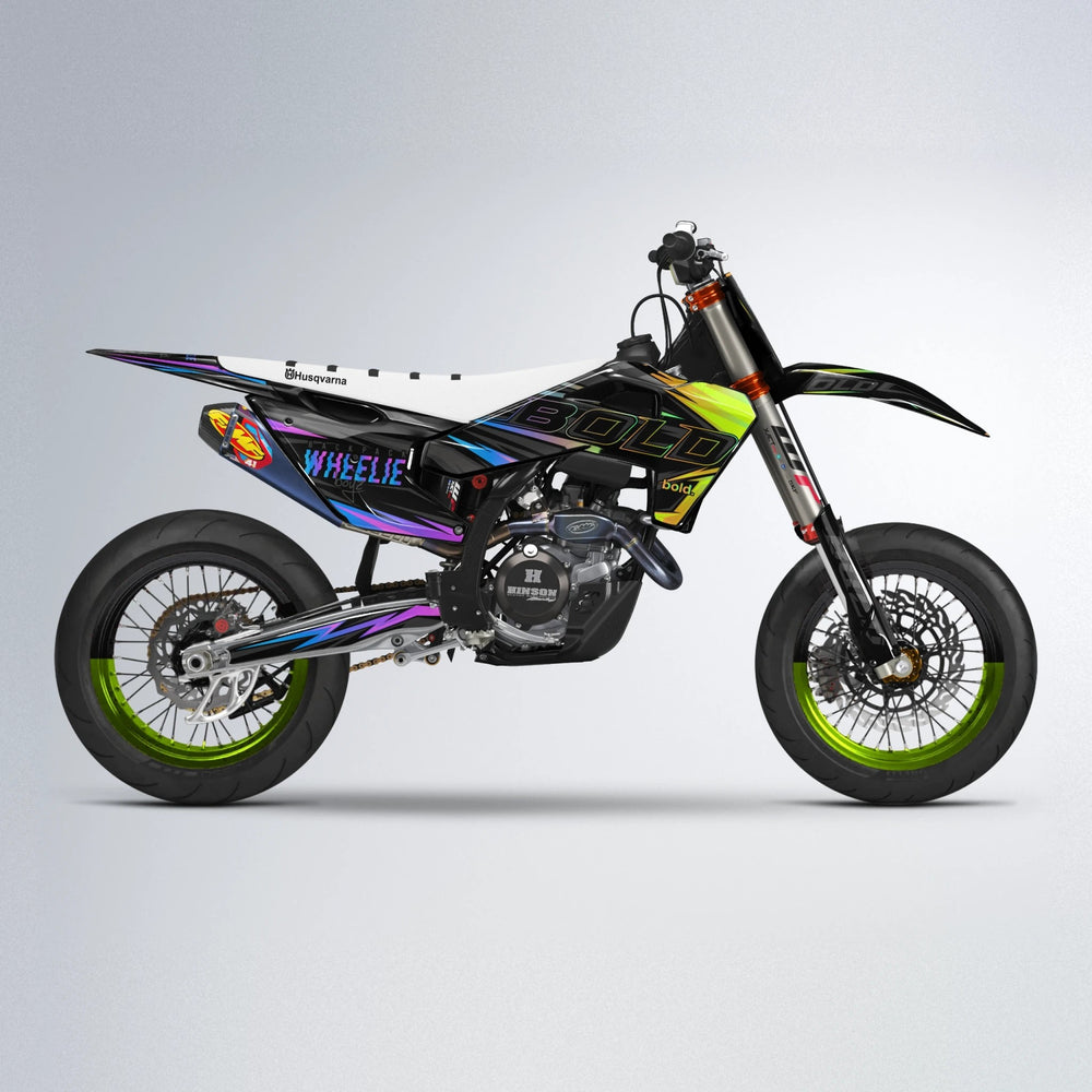 STORM Husqvarna FE/TE supermoto graphics kit in Purple & Yellow