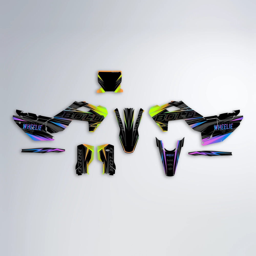 STORM Husqvarna FE/TE graphics kit parts layout in Purple & Yellow