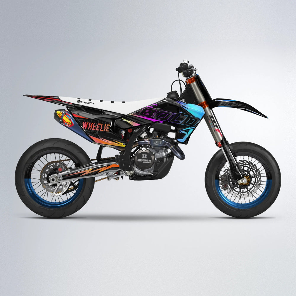 STORM Husqvarna FE/TE supermoto graphics kit in Sunset Fade