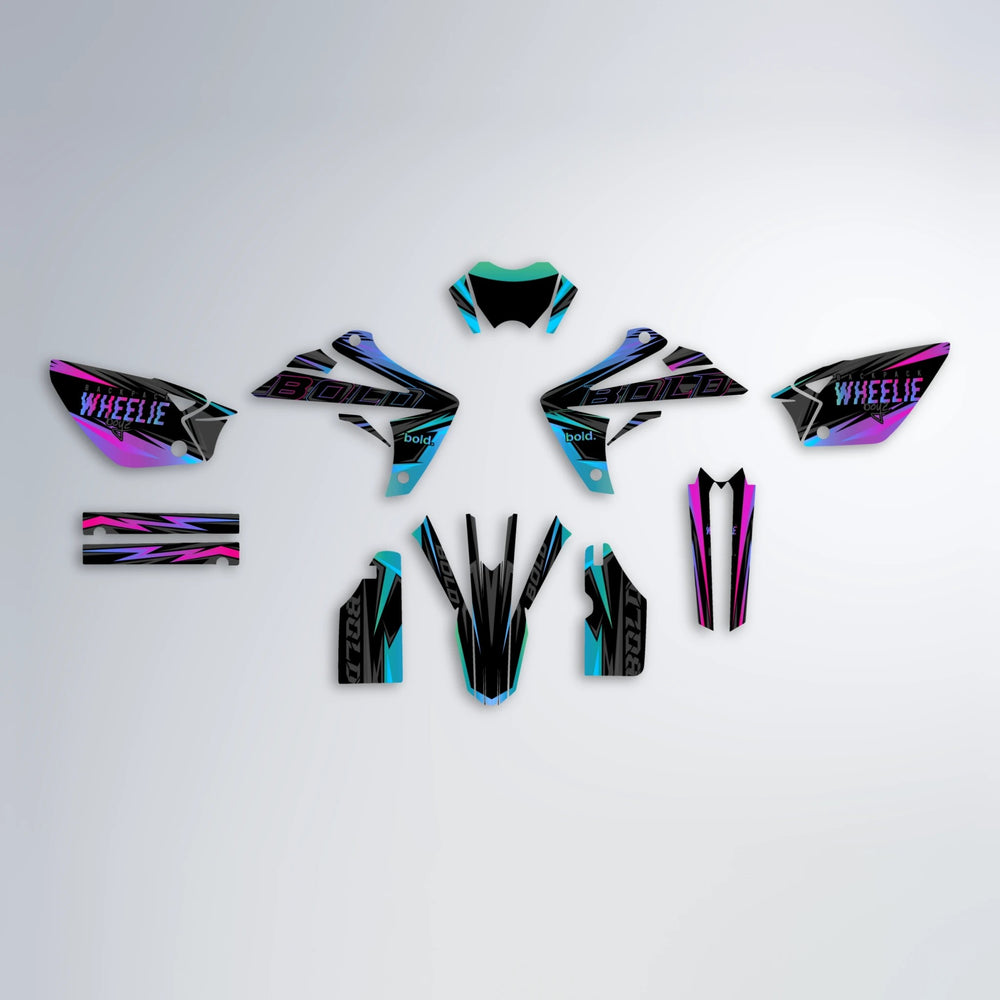 STORM Rieju MRT graphics kit parts layout in Pink & Light Blue
