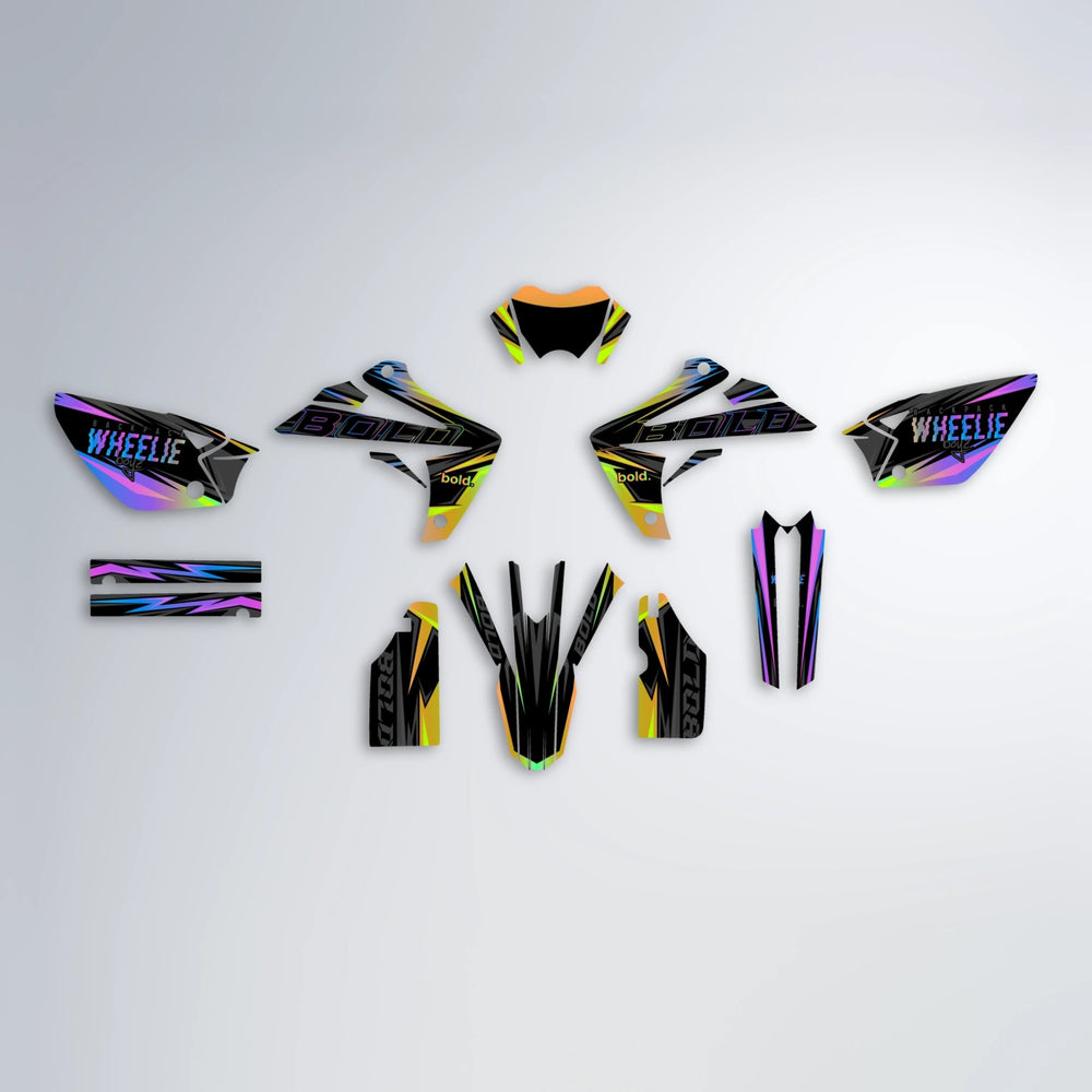 STORM Rieju MRT graphics kit parts layout in Purple & Yellow