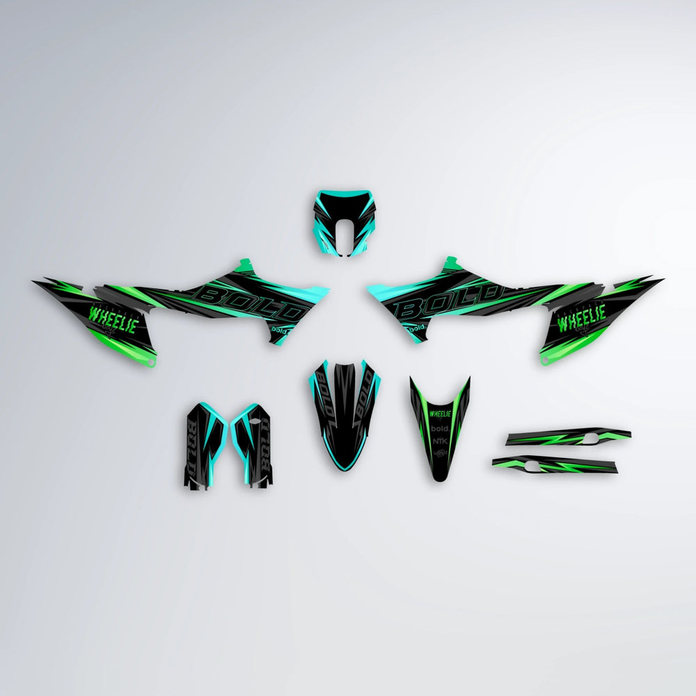 STORM Stark Varg MX graphics kit parts layout in Cyan & Green