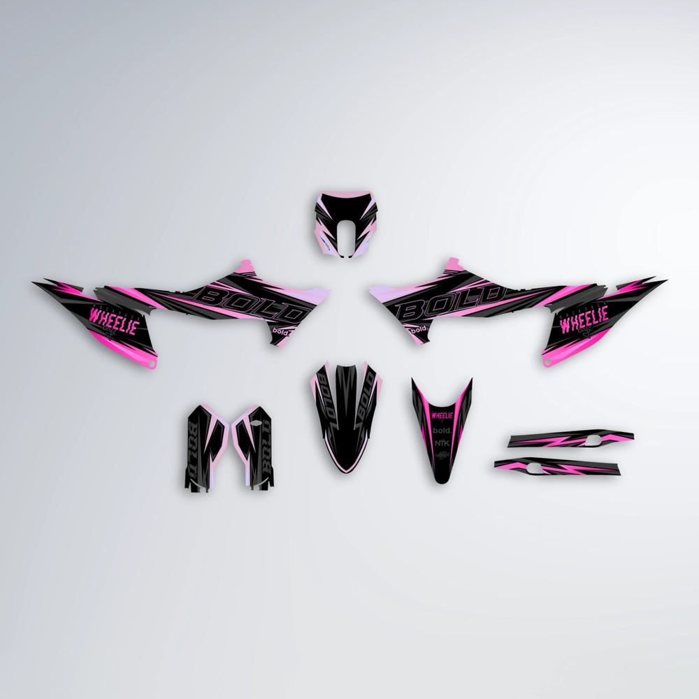STORM Stark Varg MX graphics kit parts layout in Flamingo