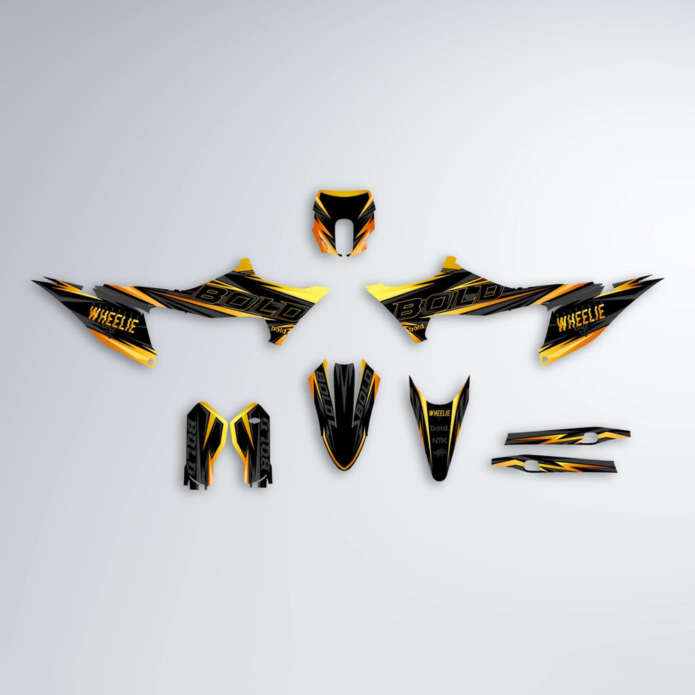 STORM Stark Varg MX graphics kit parts layout in Orange & Yellow
